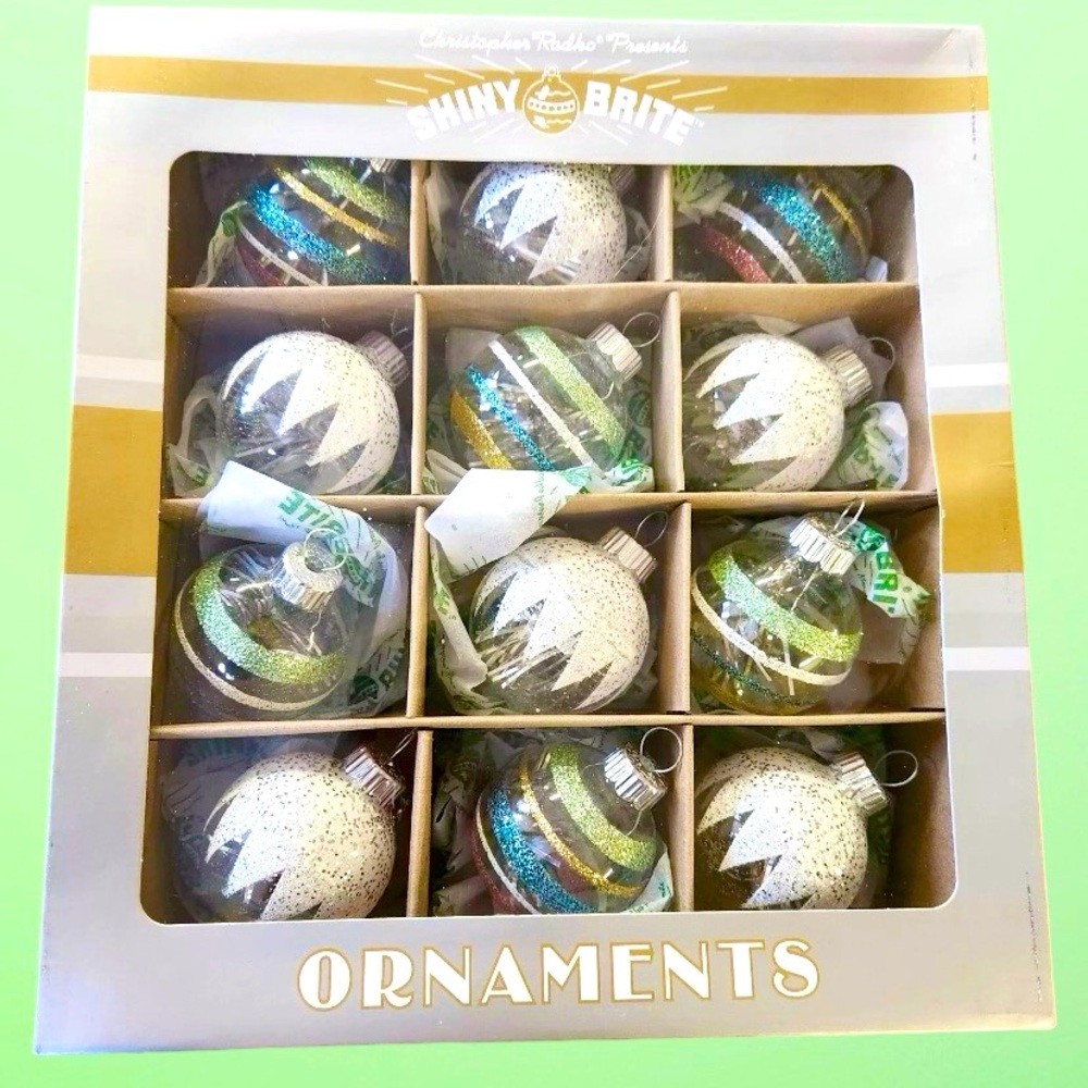 Shiny Brite 16 Glass Christmas Tree Ornaments Radko Metallic Green/Blue NIB!